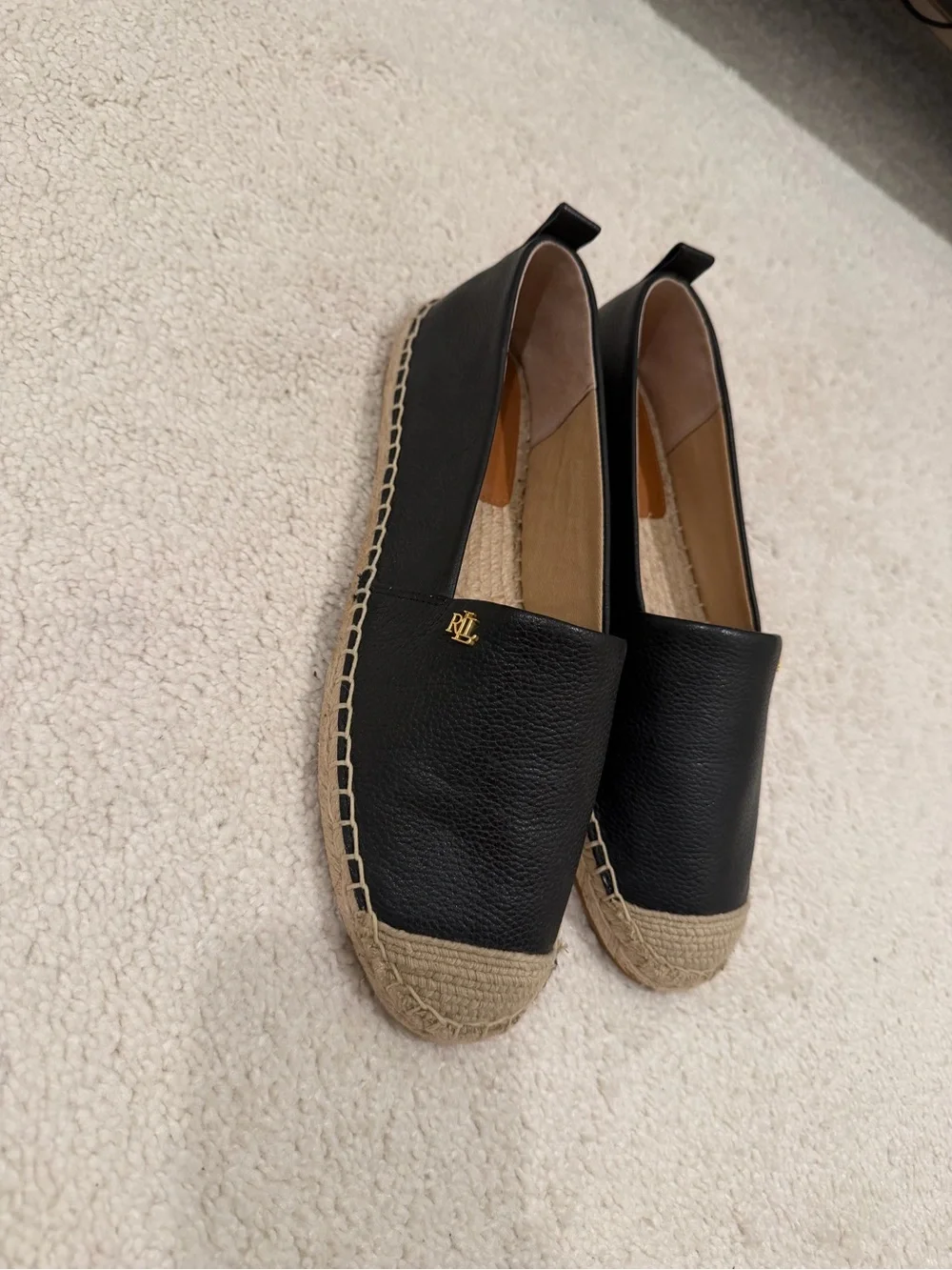 Ralph Lauren Black Leather Espadrille Slip-Ons with Gold Logo